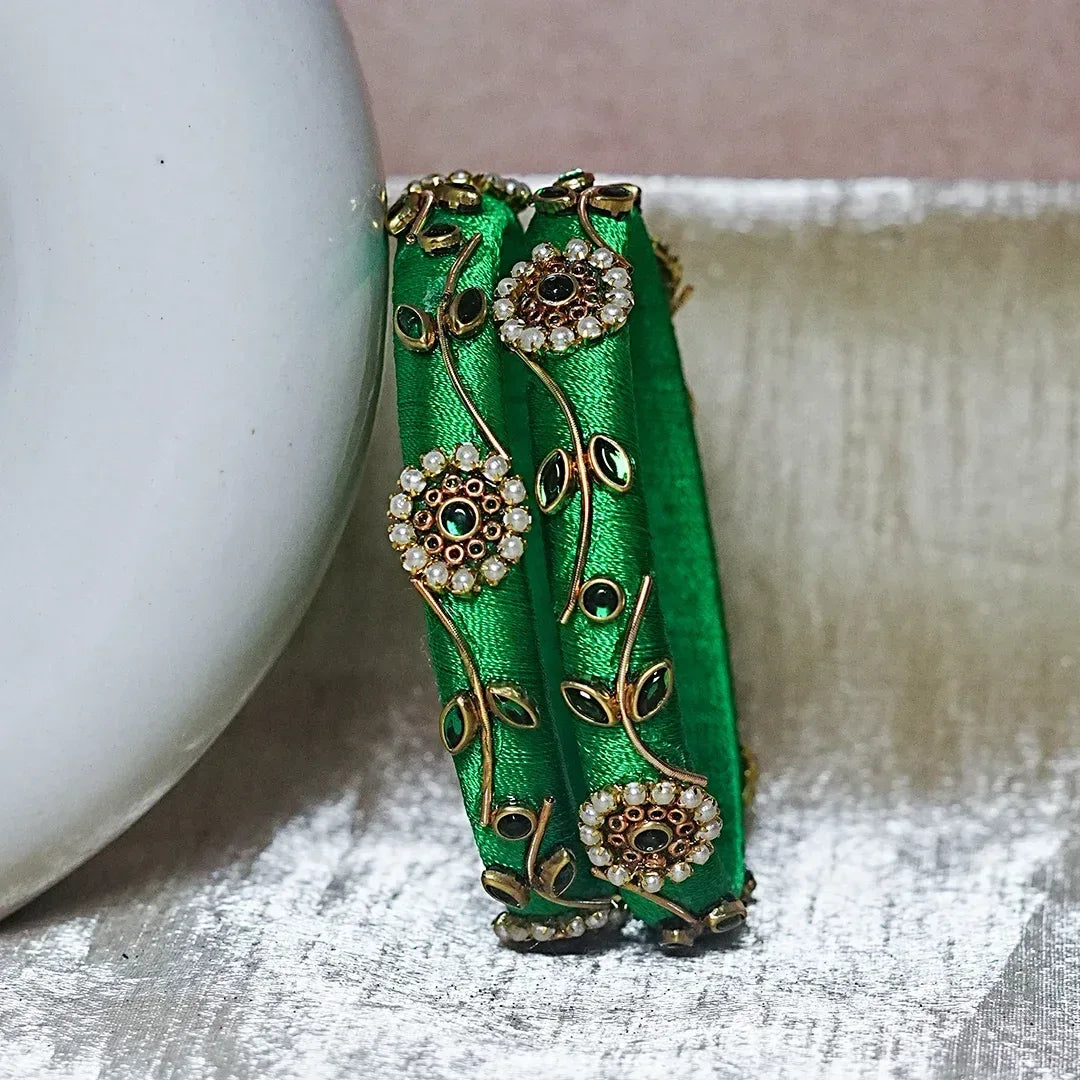 Designer Thread Work Kundan Leaf Style Kada Bangle for Women & Girls (Pack of 2) - The Golden Cascade